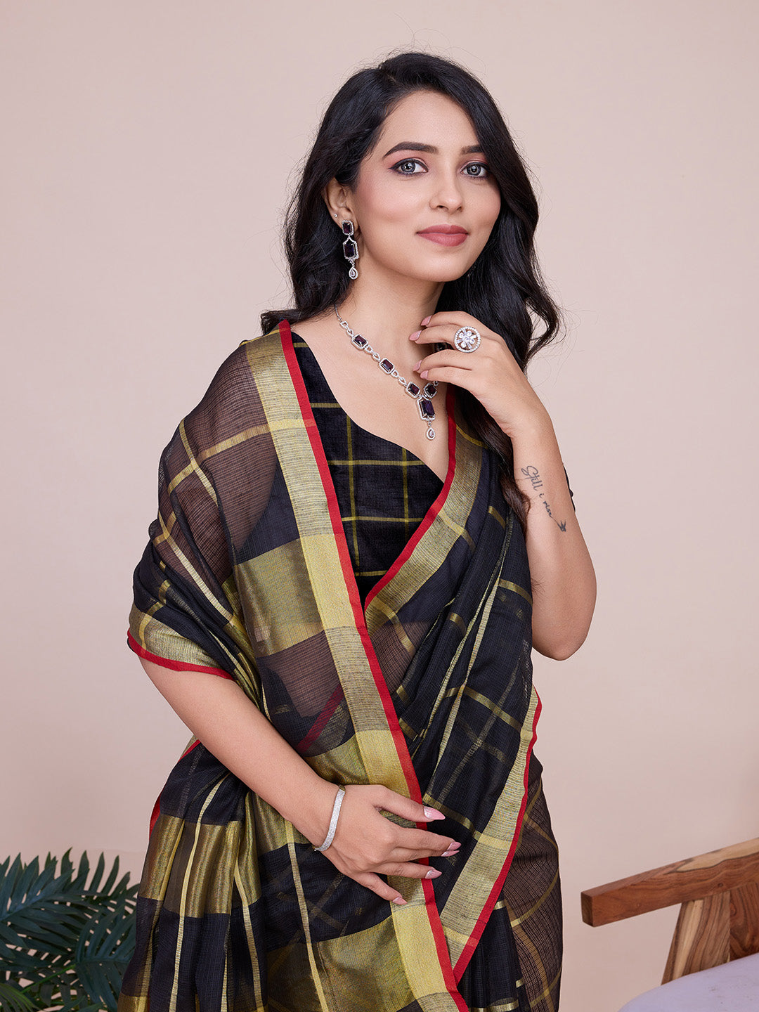 NIMIDIYA PEACH ZARI WOVEN KOTA DORIA SILK SAREE