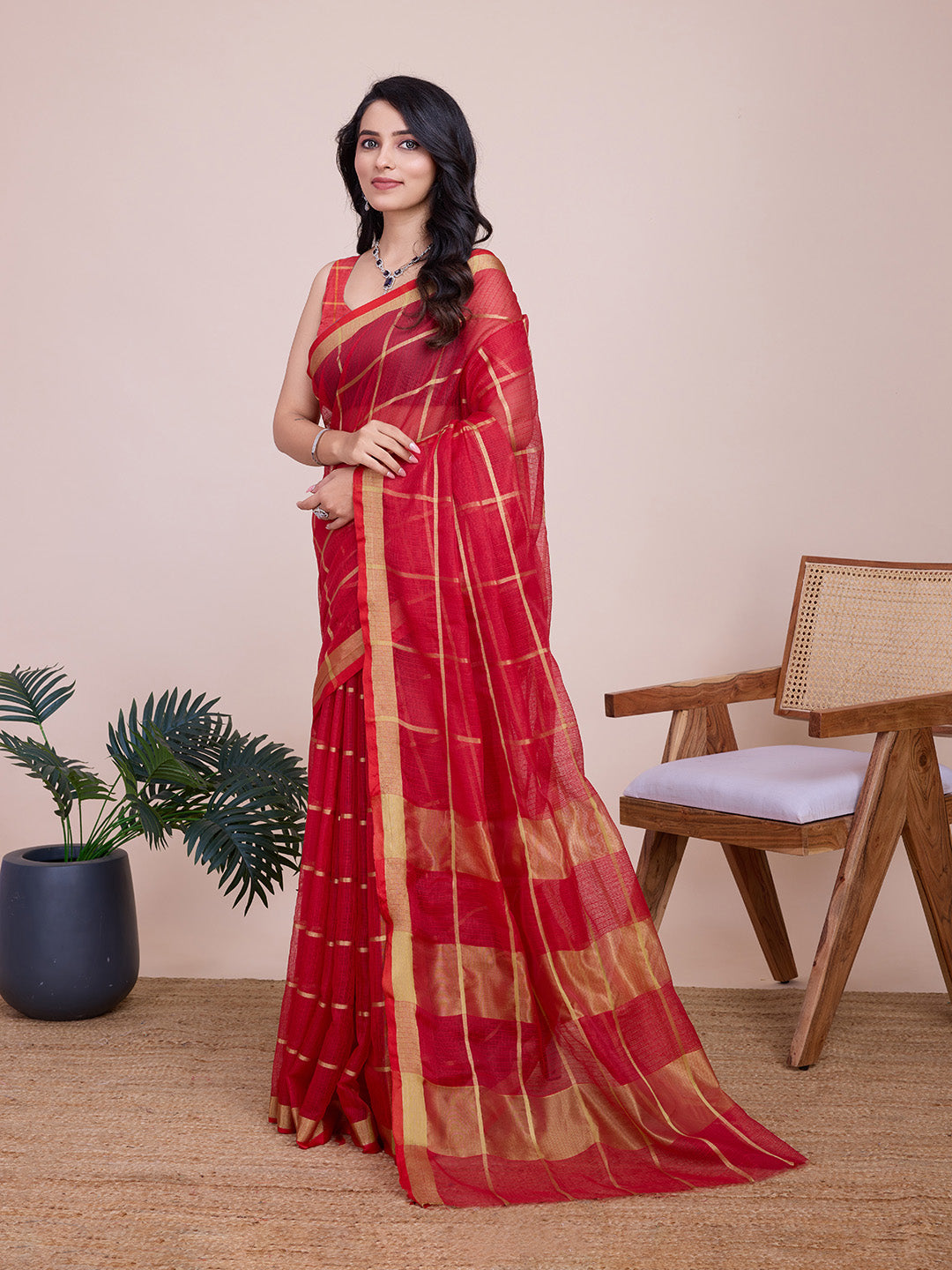 NIMIDIYA PEACH ZARI WOVEN KOTA DORIA SILK SAREE