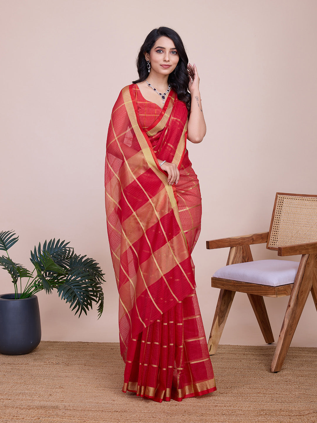 NIMIDIYA PEACH ZARI WOVEN KOTA DORIA SILK SAREE