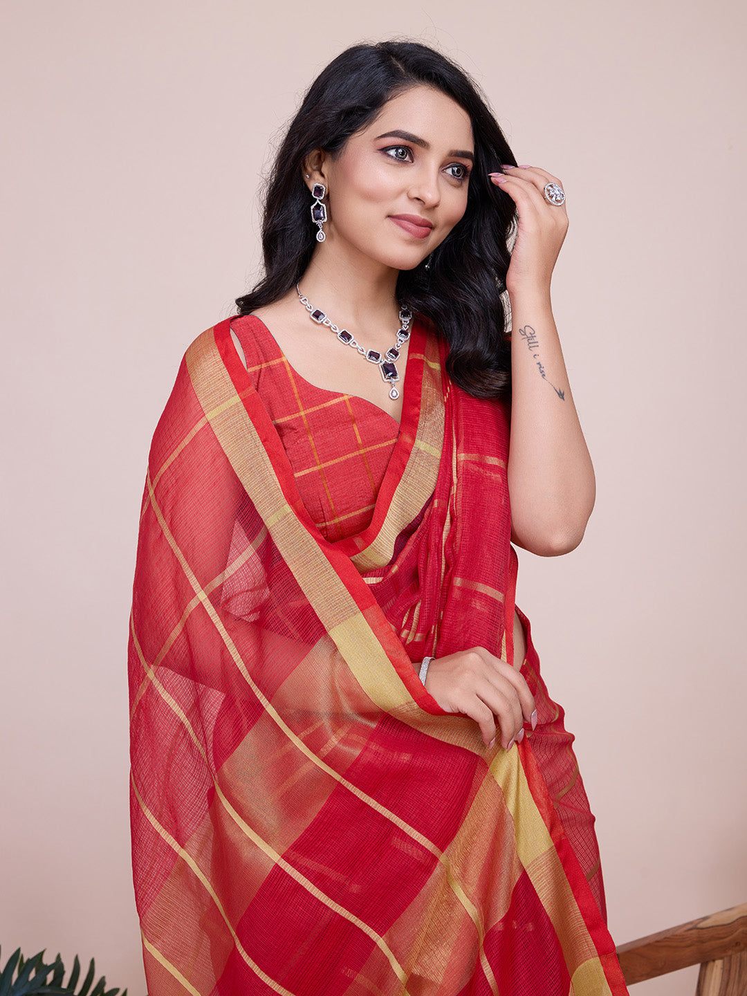 NIMIDIYA PEACH ZARI WOVEN KOTA DORIA SILK SAREE