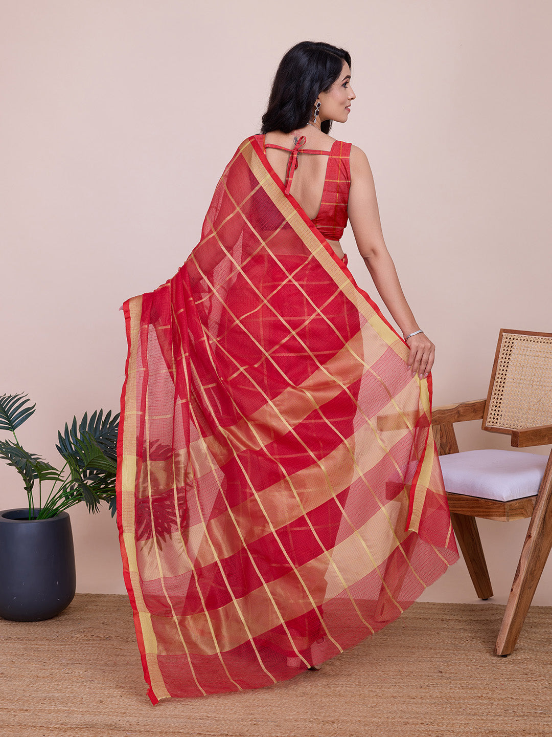 NIMIDIYA PEACH ZARI WOVEN KOTA DORIA SILK SAREE