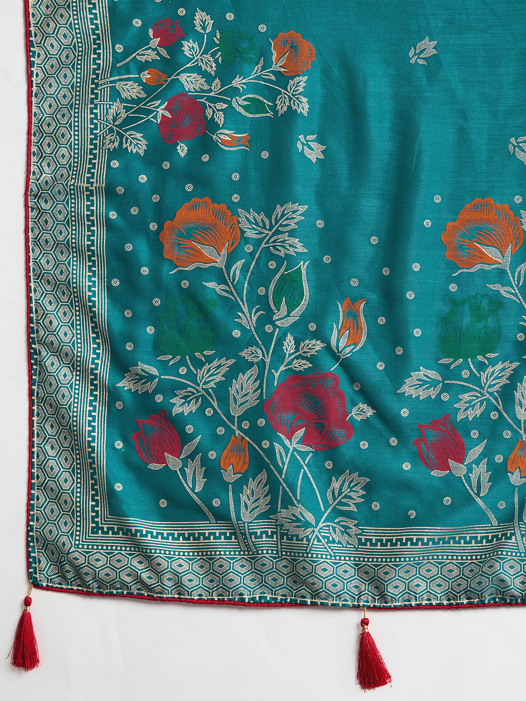 TEAL PRINTED COTTON SAREE WITH BLOUSE PIECE