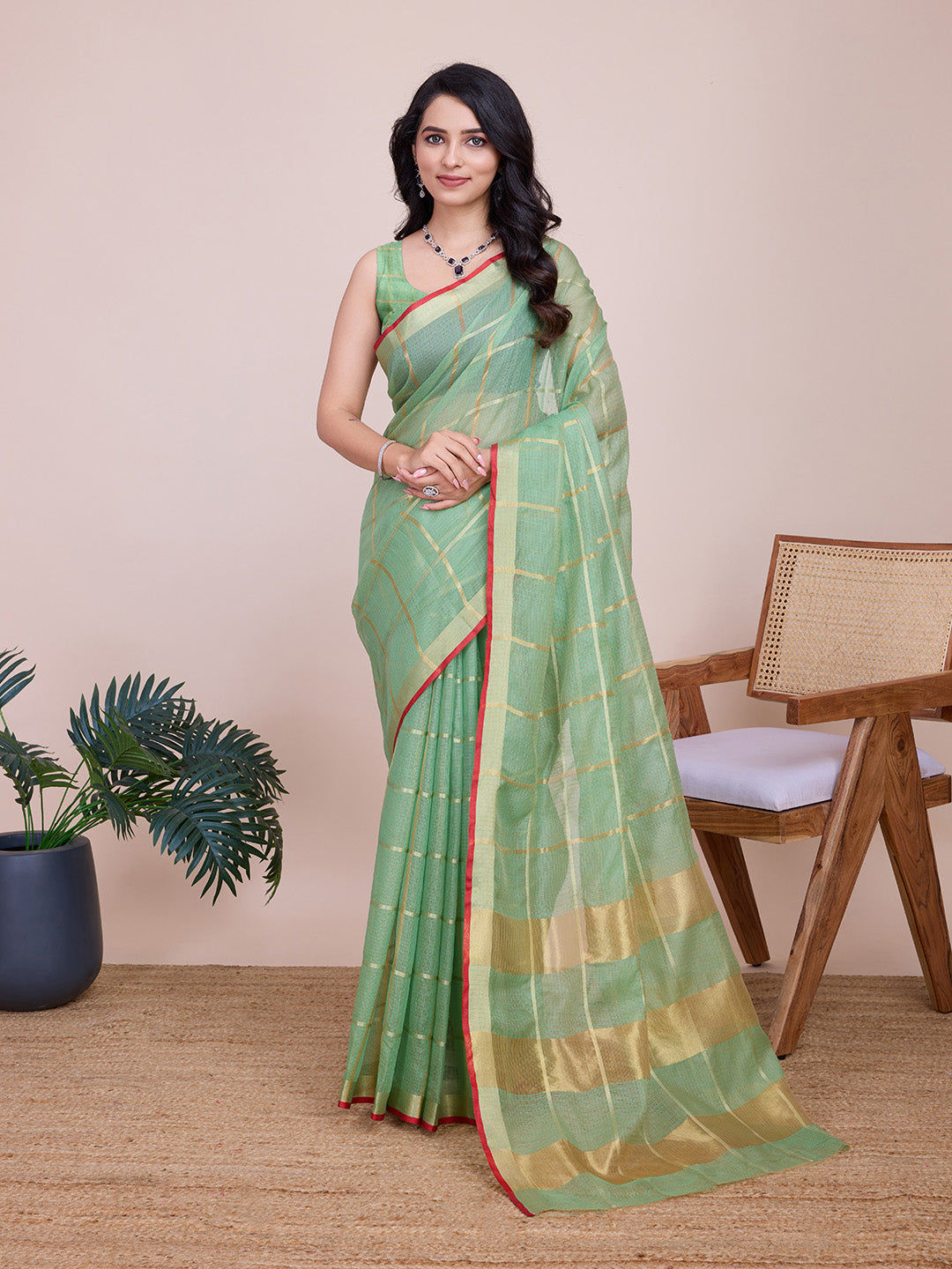 NIMIDIYA PEACH ZARI WOVEN KOTA DORIA SILK SAREE