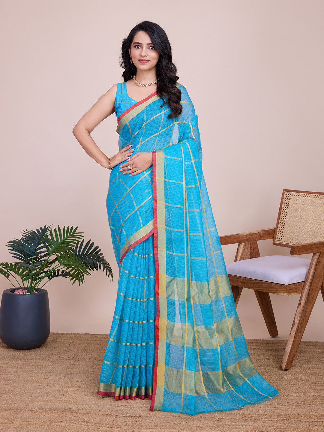 NIMIDIYA PEACH ZARI WOVEN KOTA DORIA SILK SAREE