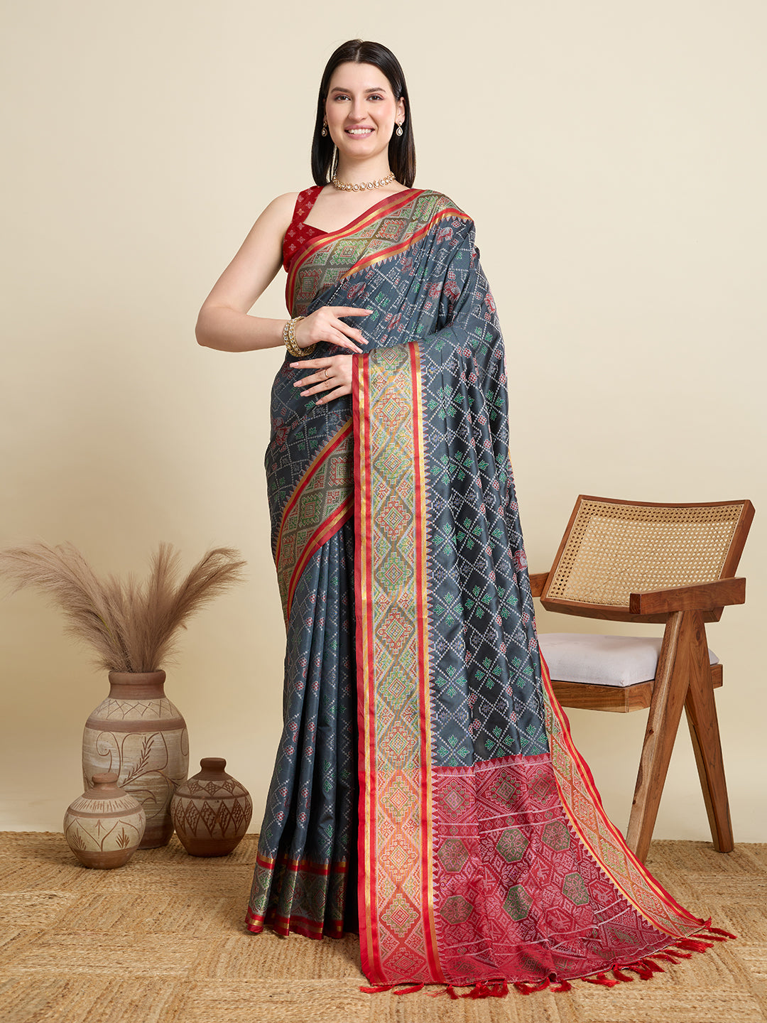 SATRANI NAVY PRINTED SAREE WITH UNSTITCHED BLOUSE