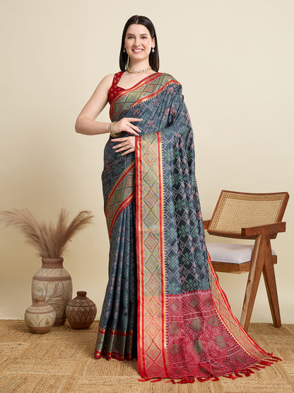 SATRANI NAVY PRINTED SAREE WITH UNSTITCHED BLOUSE
