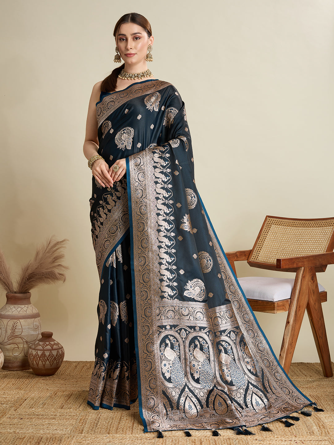 KAVYA BLUE SATIN SILK ZARI WOVEN SAREE