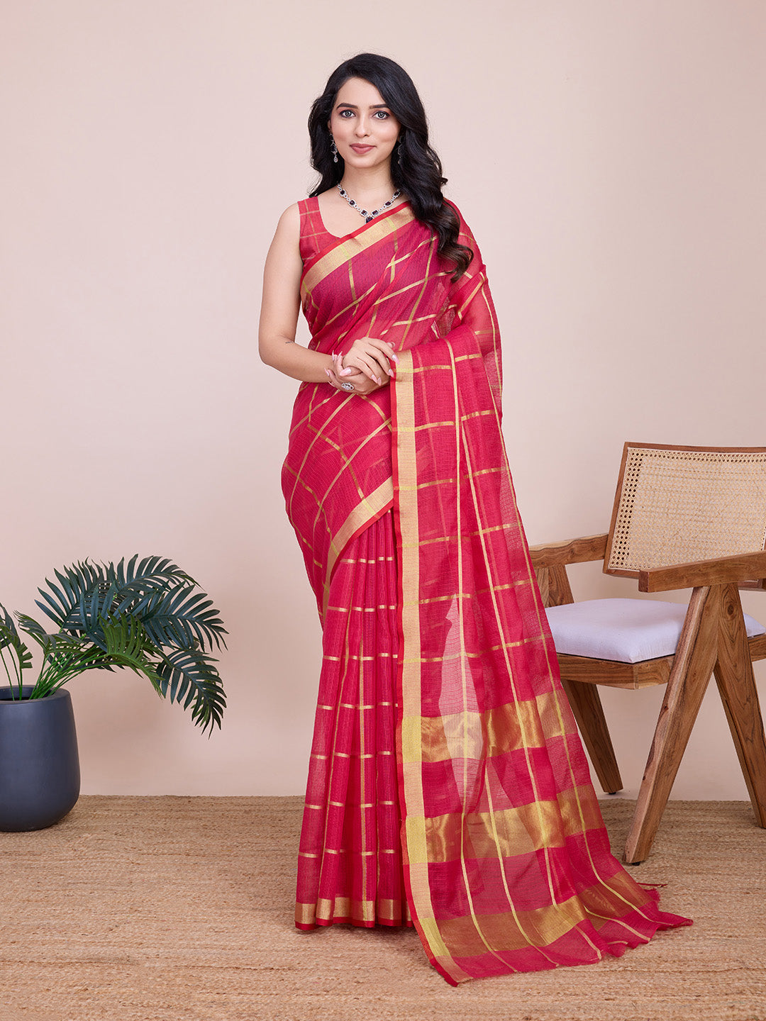 NIMIDIYA PEACH ZARI WOVEN KOTA DORIA SILK SAREE