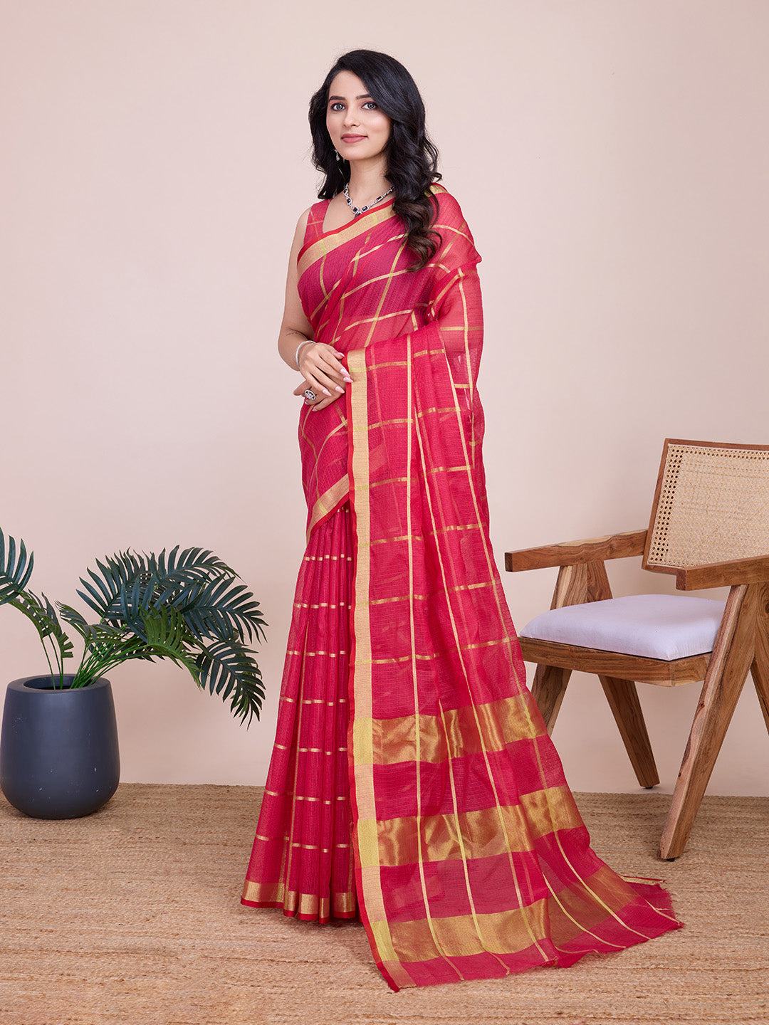 NIMIDIYA PEACH ZARI WOVEN KOTA DORIA SILK SAREE