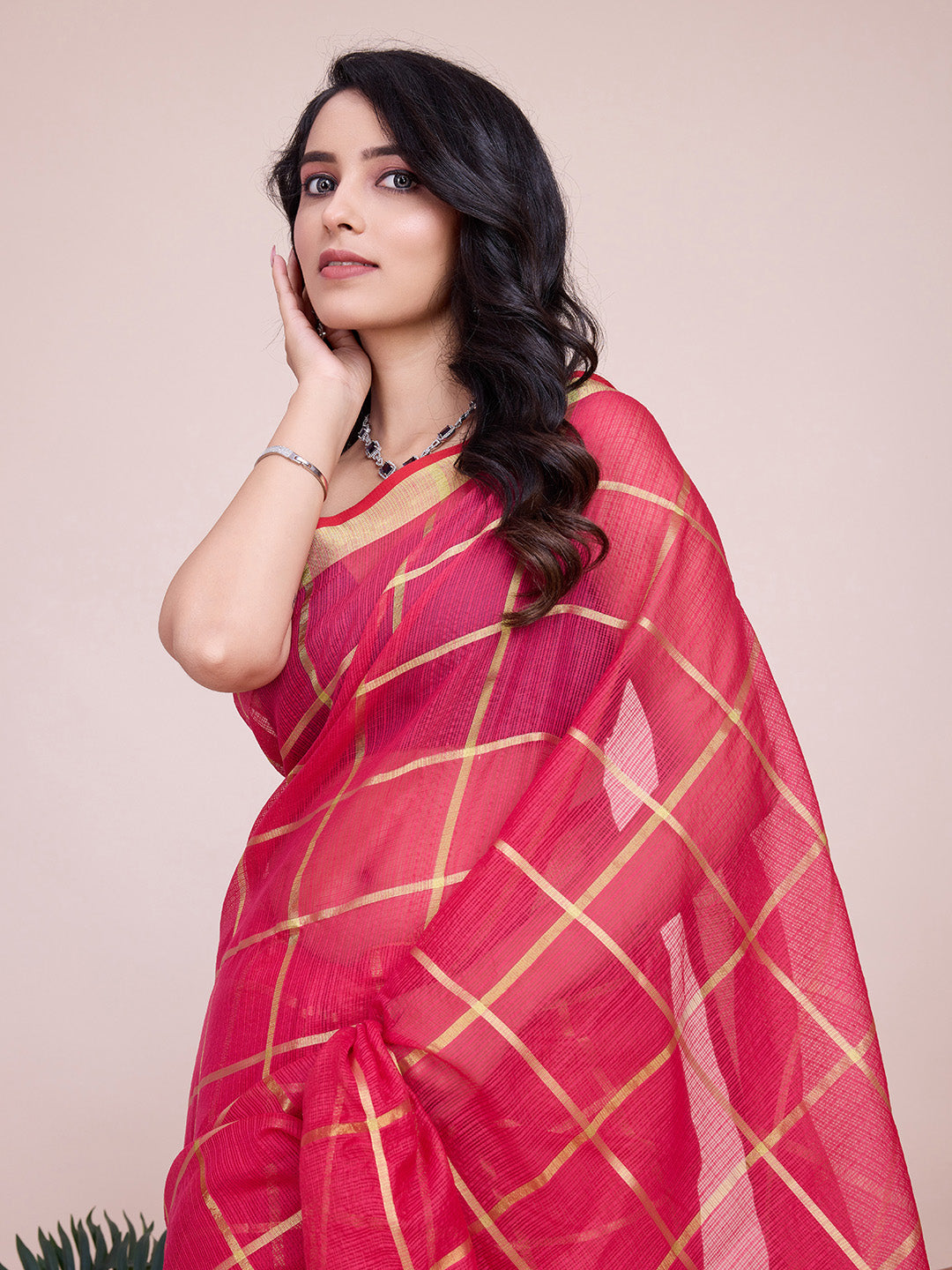 NIMIDIYA PEACH ZARI WOVEN KOTA DORIA SILK SAREE