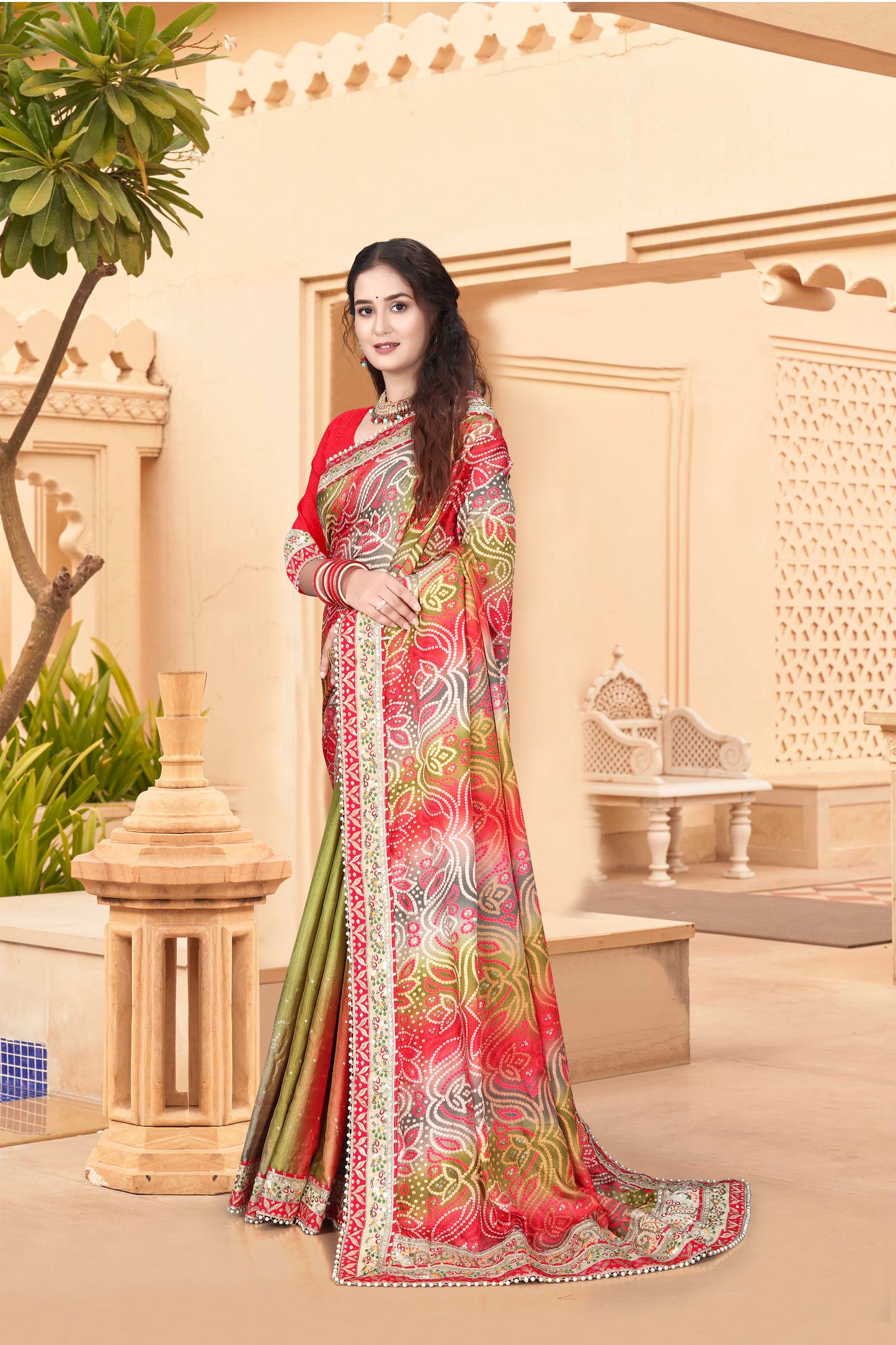 Bright Moss Bandhani Saree