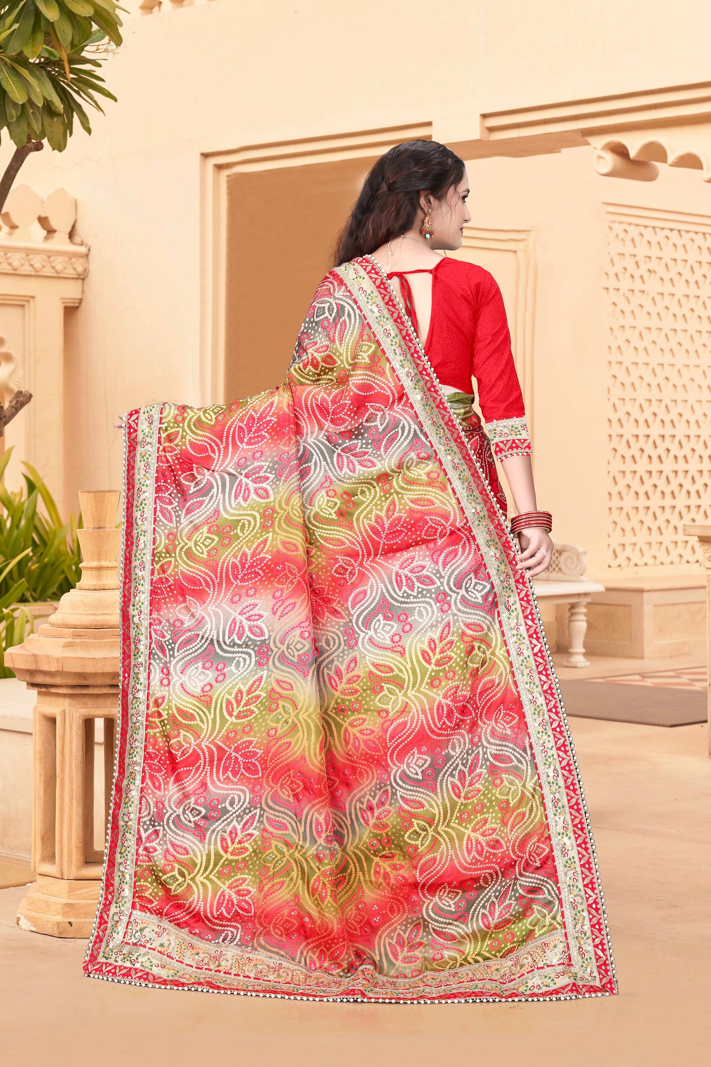 Bright Moss Bandhani Saree