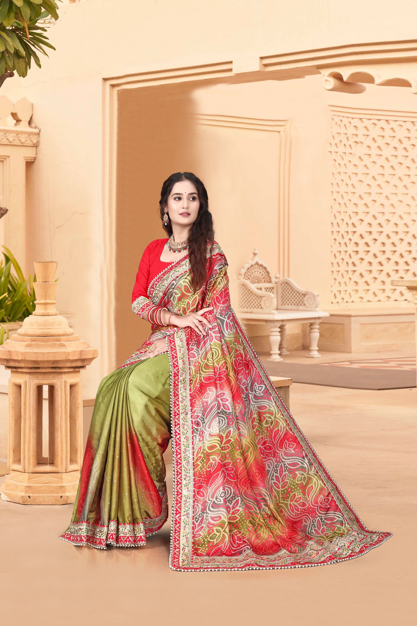 Bright Moss Bandhani Saree