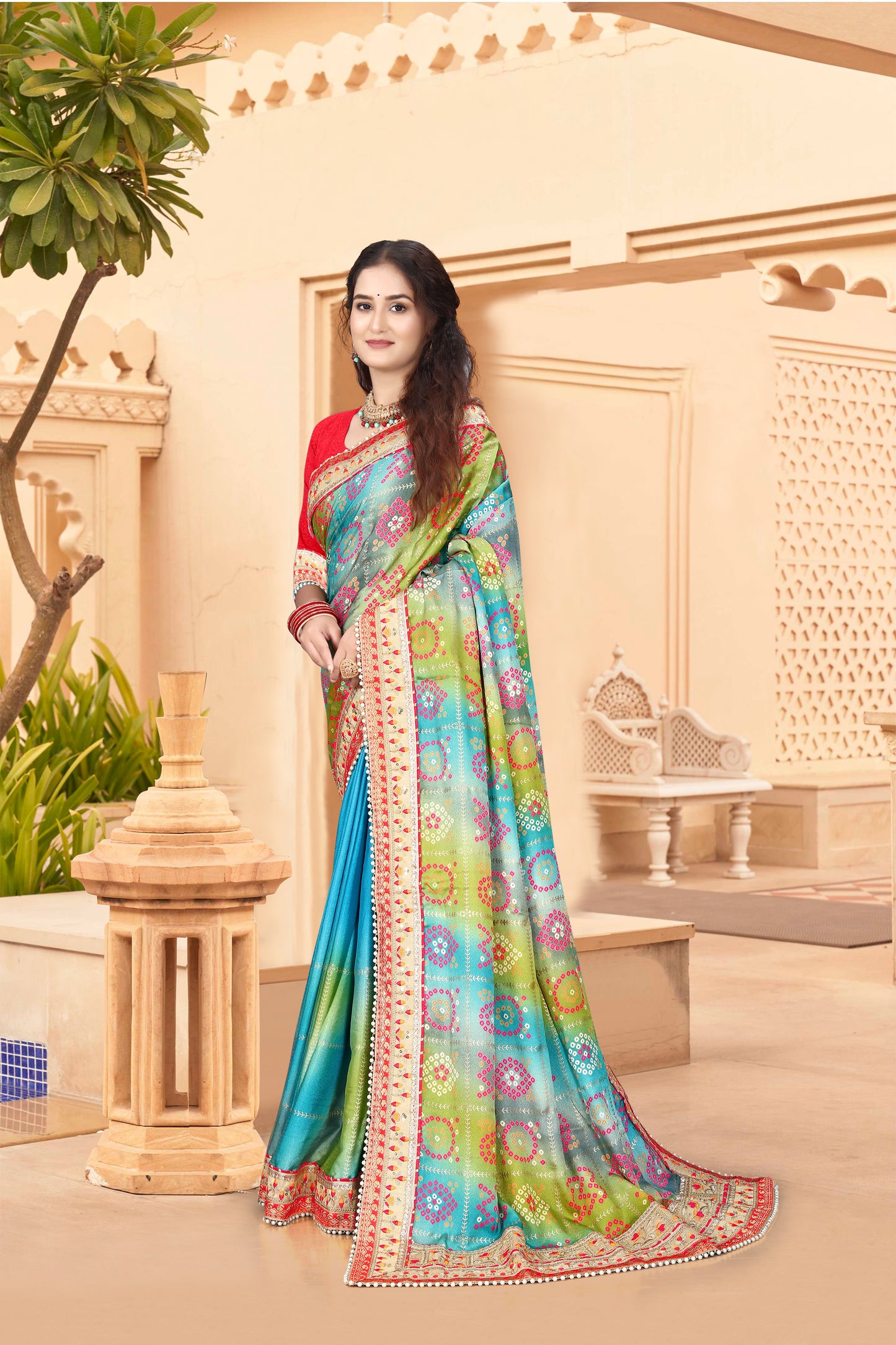 Bright Moss Bandhani Saree