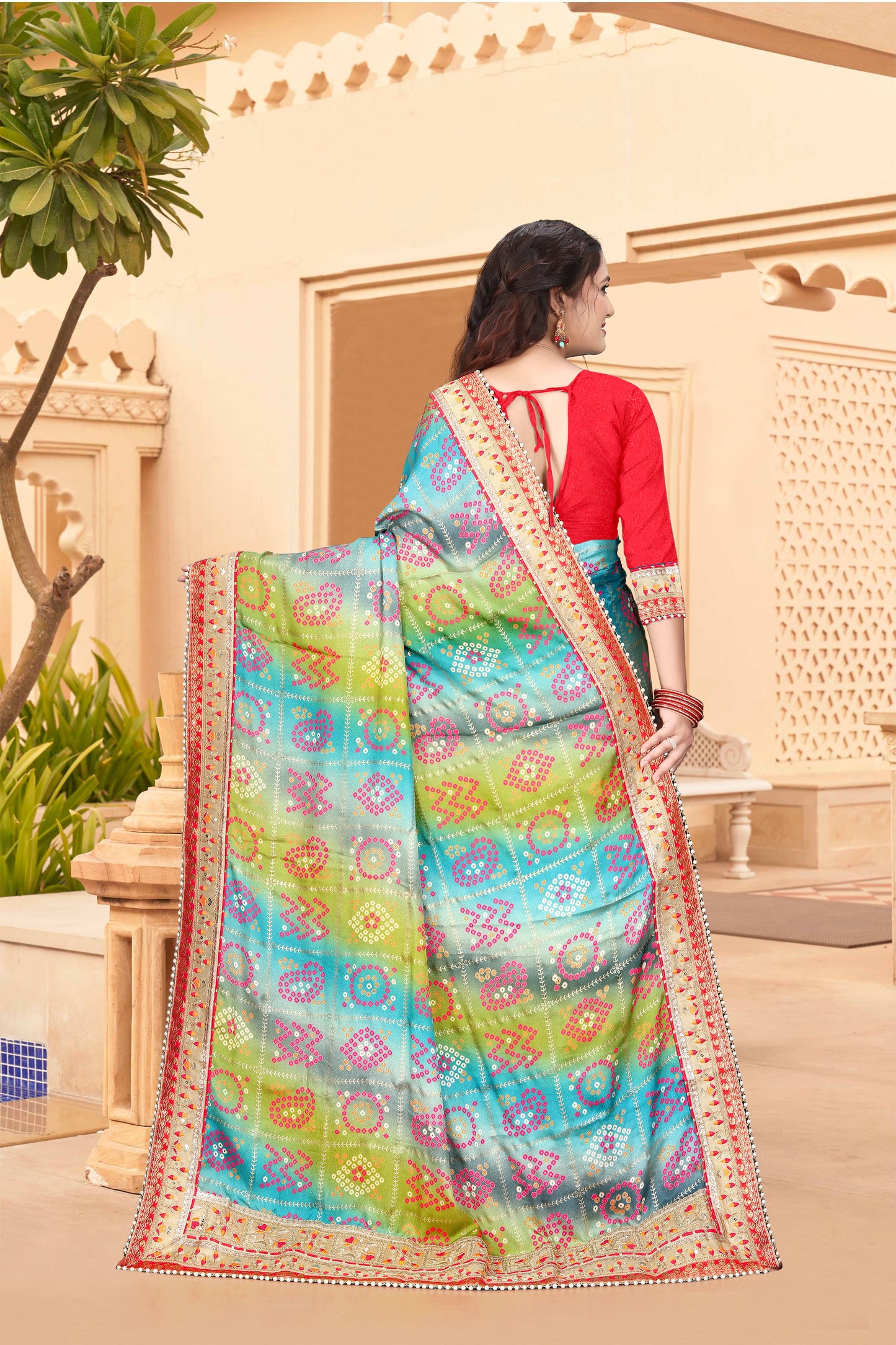 Bright Moss Bandhani Saree