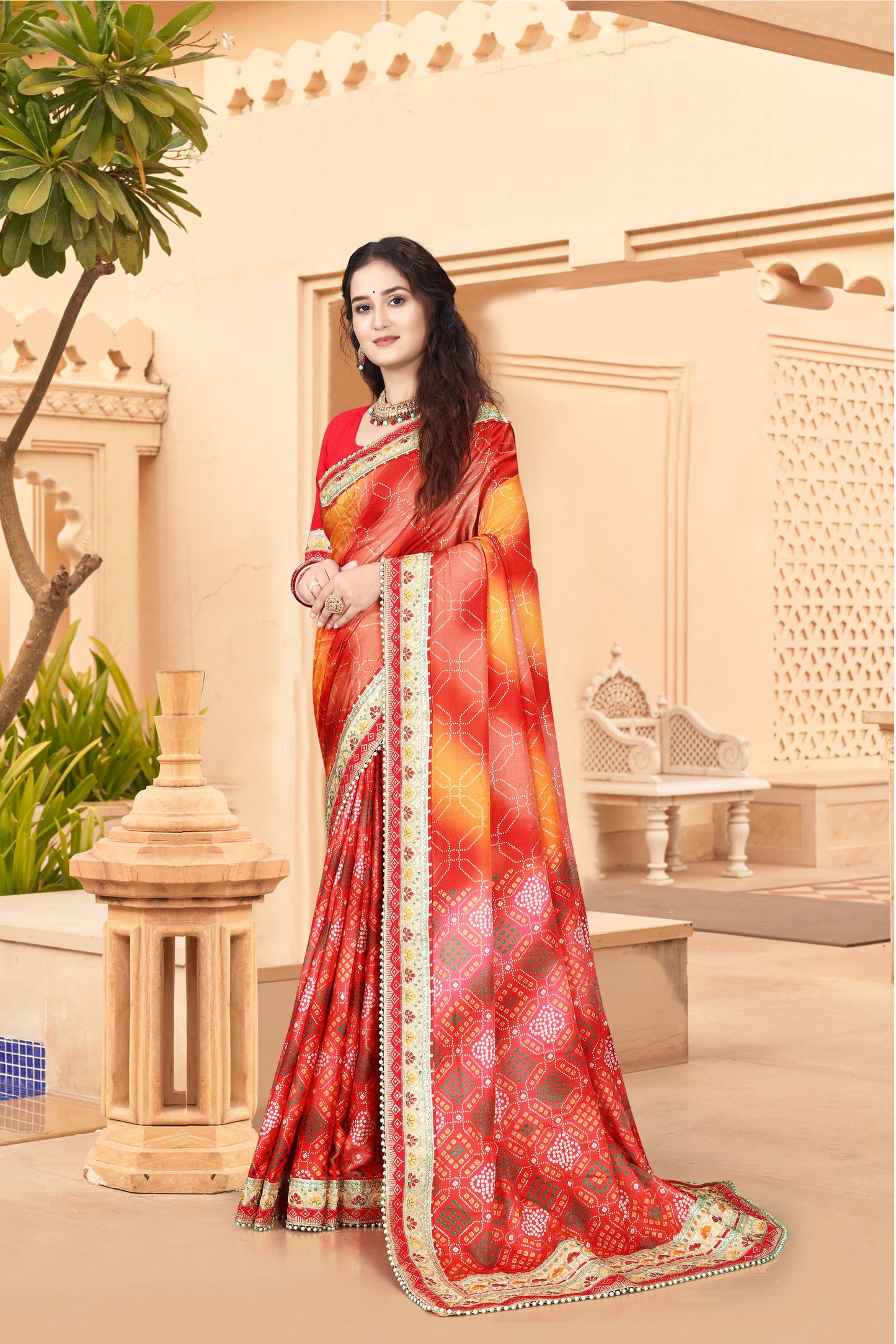 Bright Moss Bandhani Saree
