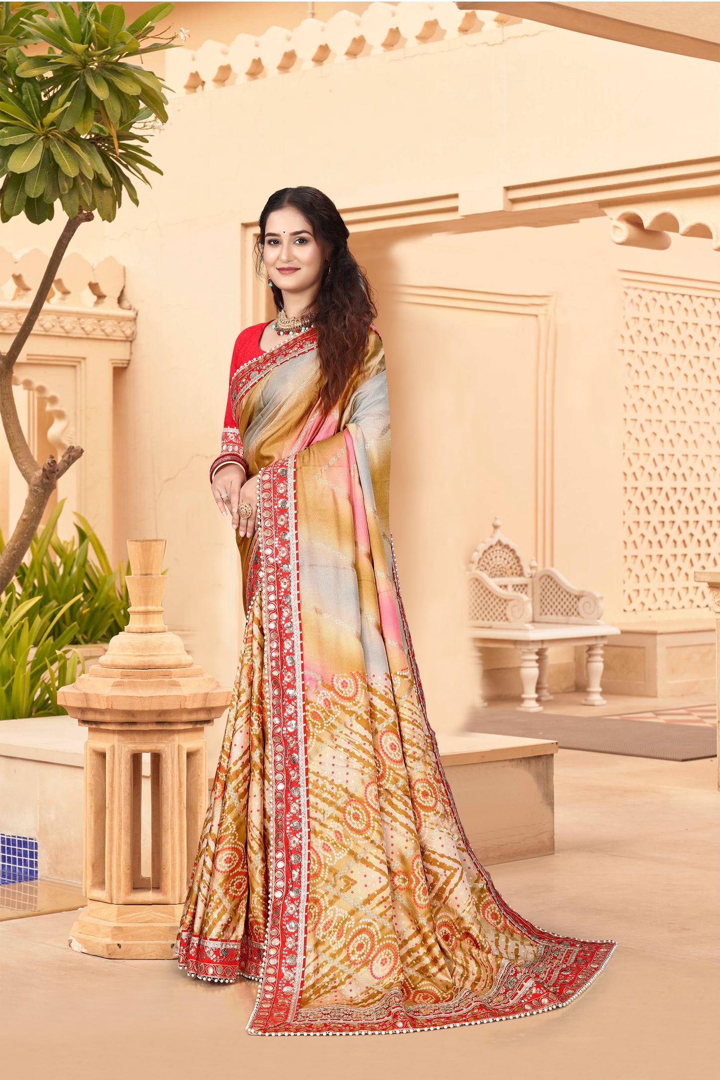 Bright Moss Bandhani Saree