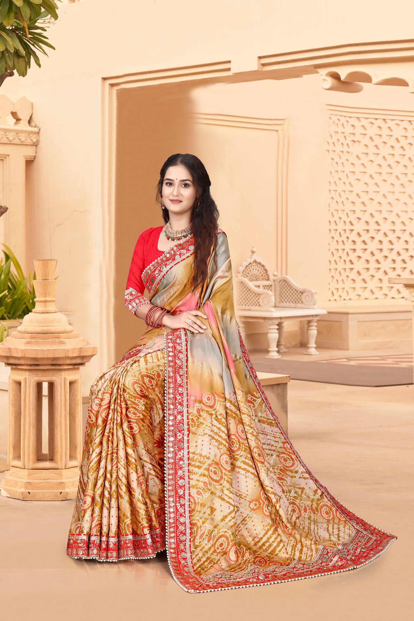 Bright Moss Bandhani Saree