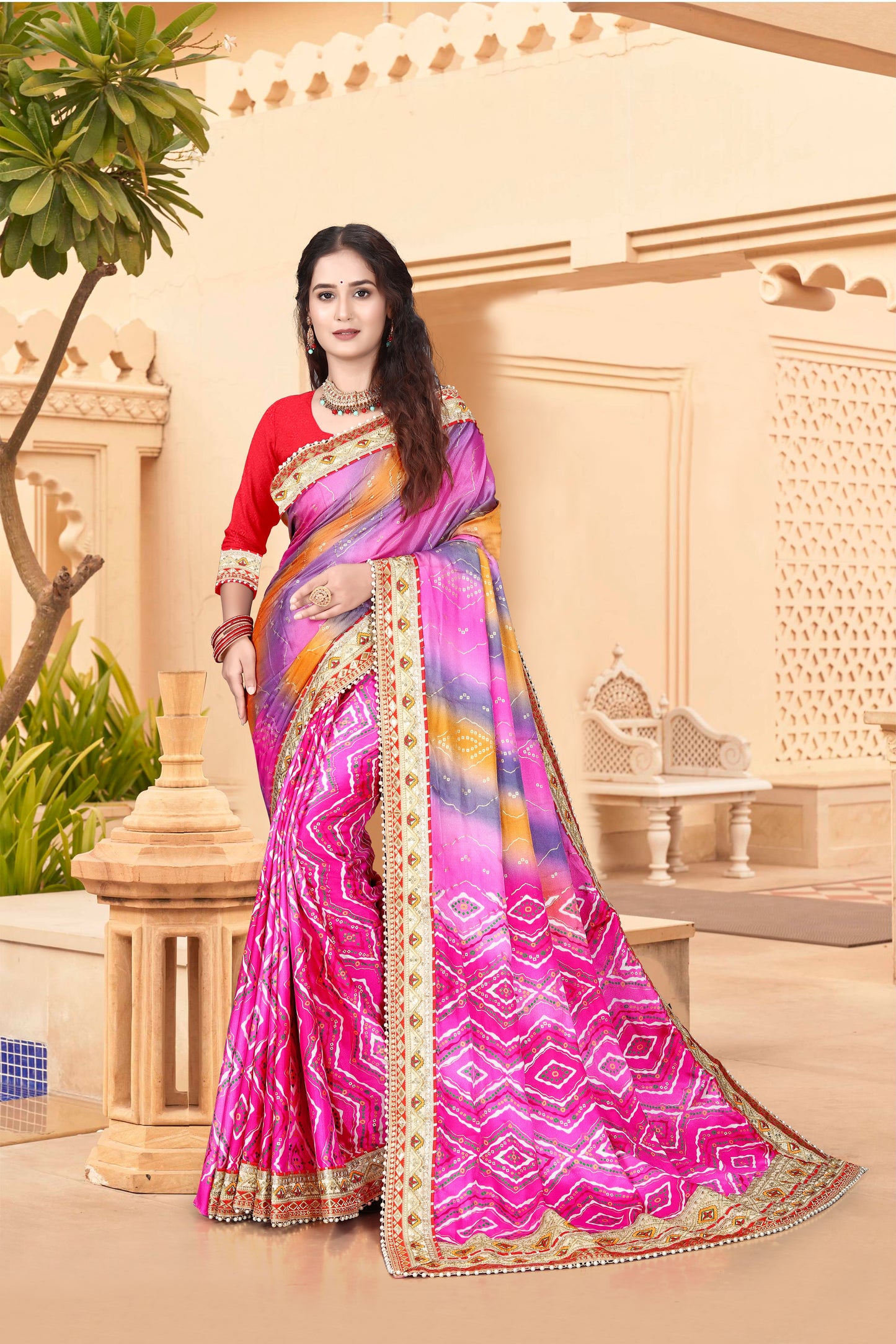 Bright Moss Bandhani Saree
