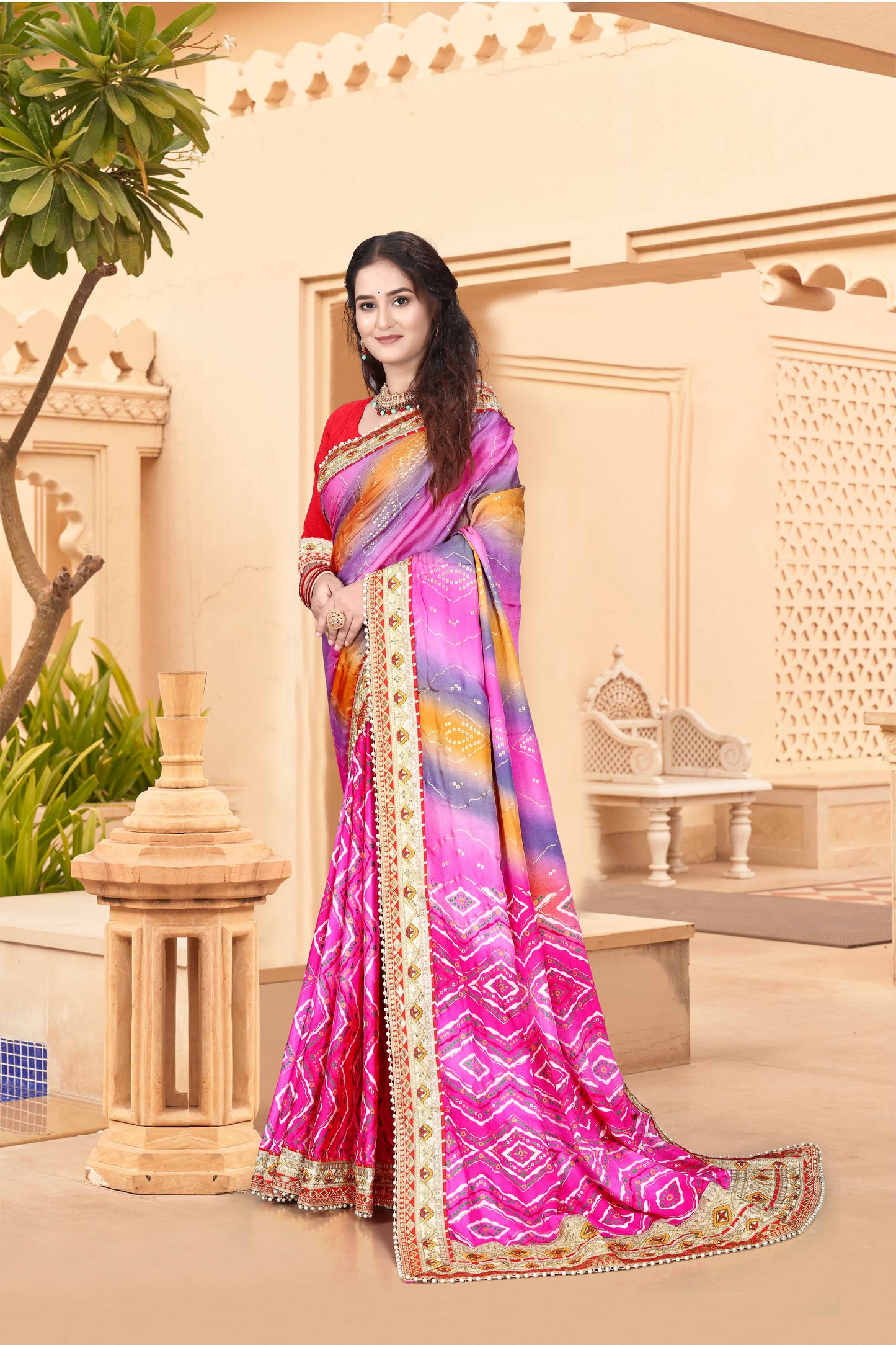 Bright Moss Bandhani Saree