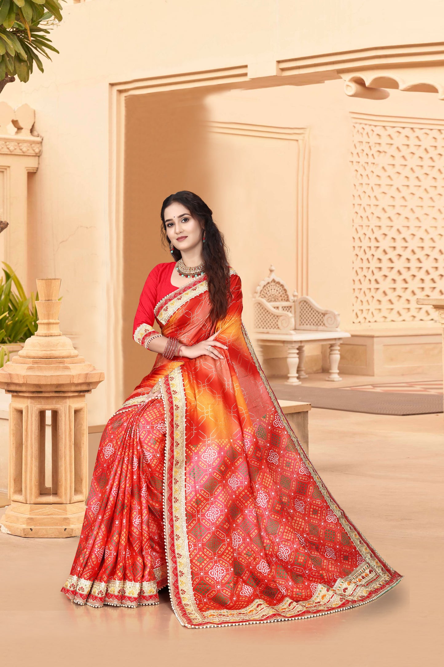 Bright Moss Bandhani Saree