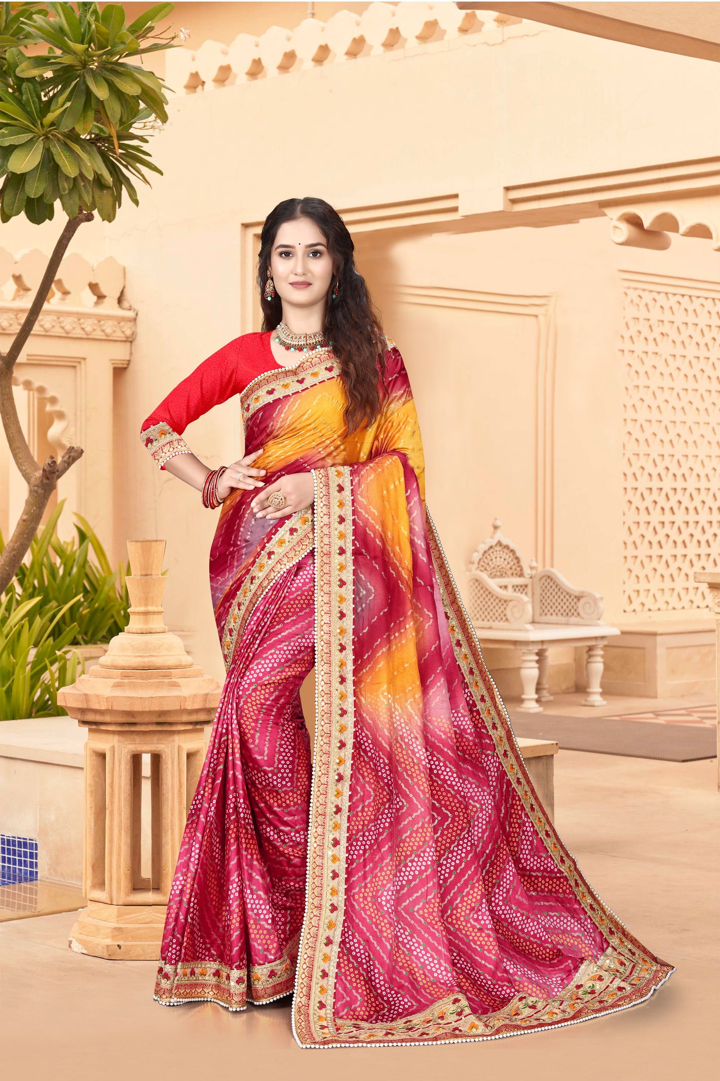 Bright Moss Bandhani Saree