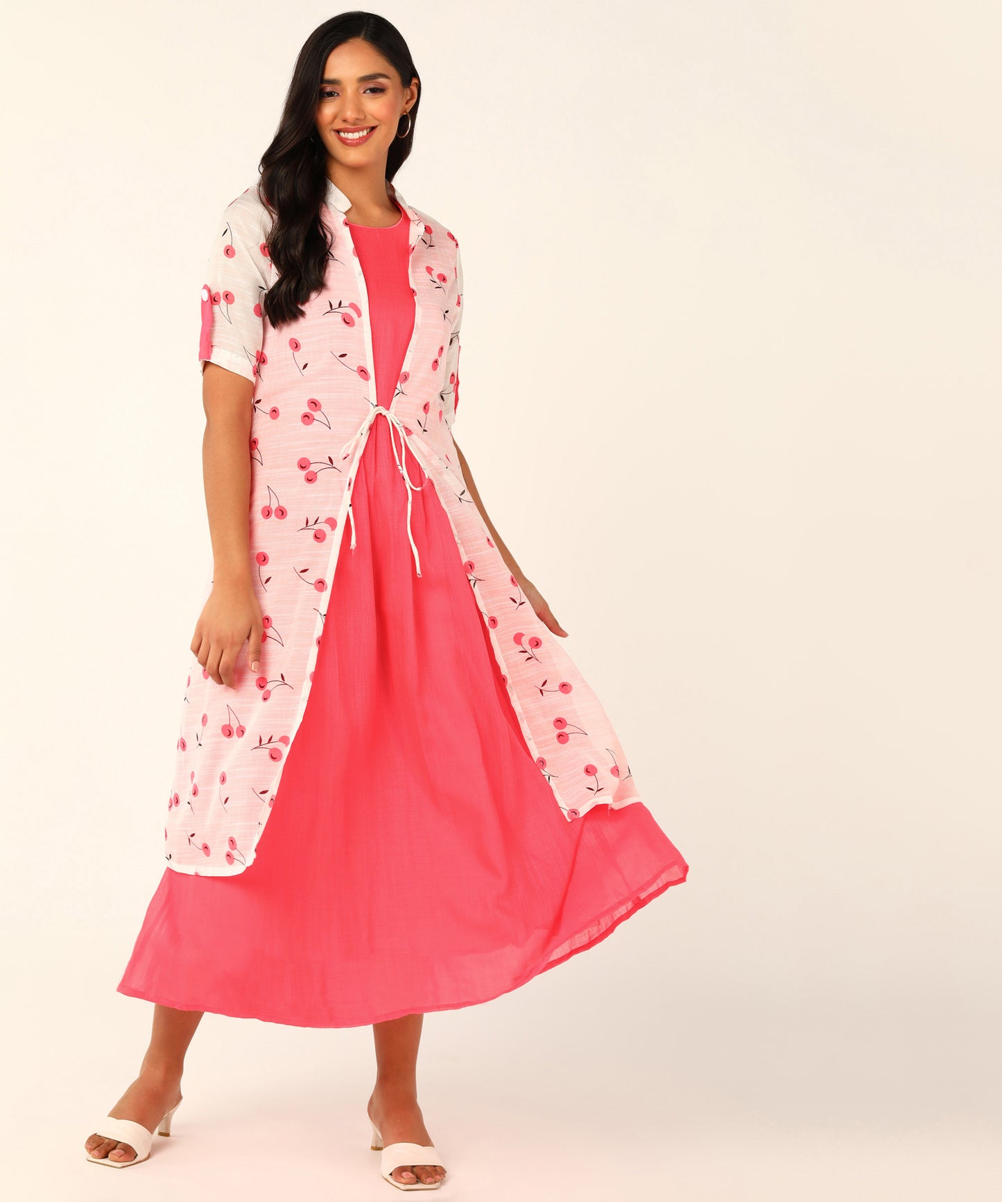 Kurta with Overlay or a Long Jacket Or Shrug with Umbrella Cut Inner Midi Dress