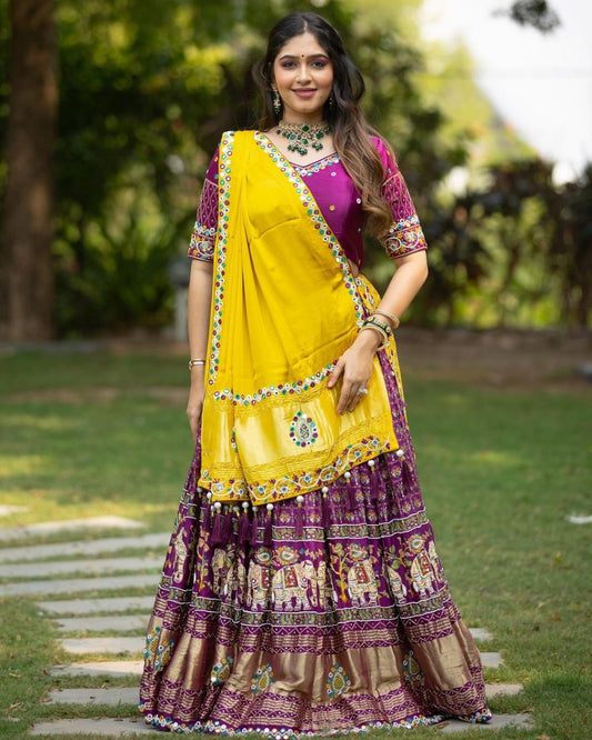 MUSTARD FLORAL & PATOLA PRINT TUSSA SILK LAHENGA CHOLI WITH DUPATTA