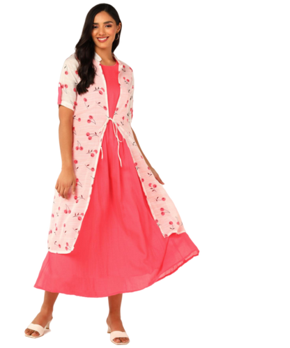 Kurta with Overlay or a Long Jacket Or Shrug with Umbrella Cut Inner Midi Dress