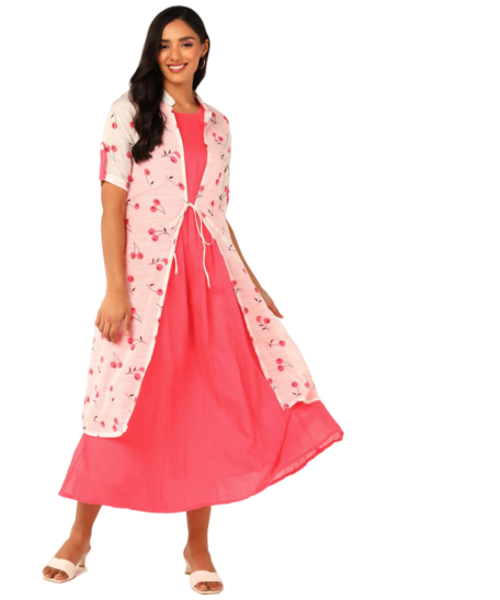 Kurta with Overlay or a Long Jacket Or Shrug with Umbrella Cut Inner Midi Dress