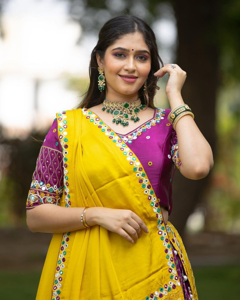 MUSTARD FLORAL & PATOLA PRINT TUSSA SILK LAHENGA CHOLI WITH DUPATTA