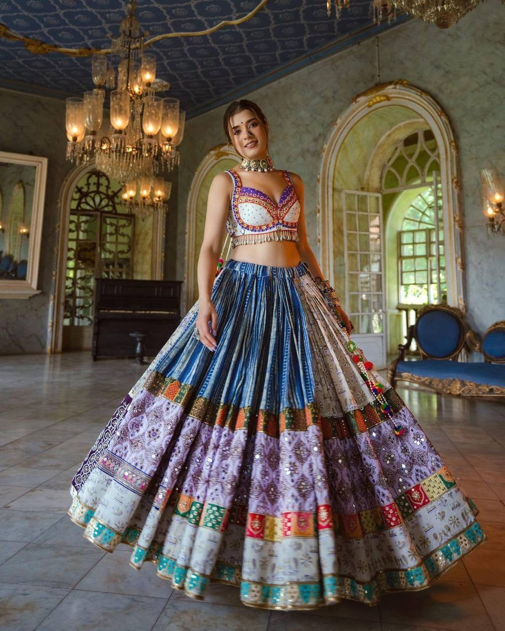MULTI-COLOUR SOFT BUTTER SILK DIGITAL PRINTED LAHENGA CHOLI WITH DUPATTA