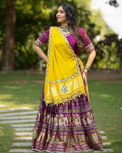 MUSTARD FLORAL & PATOLA PRINT TUSSA SILK LAHENGA CHOLI WITH DUPATTA