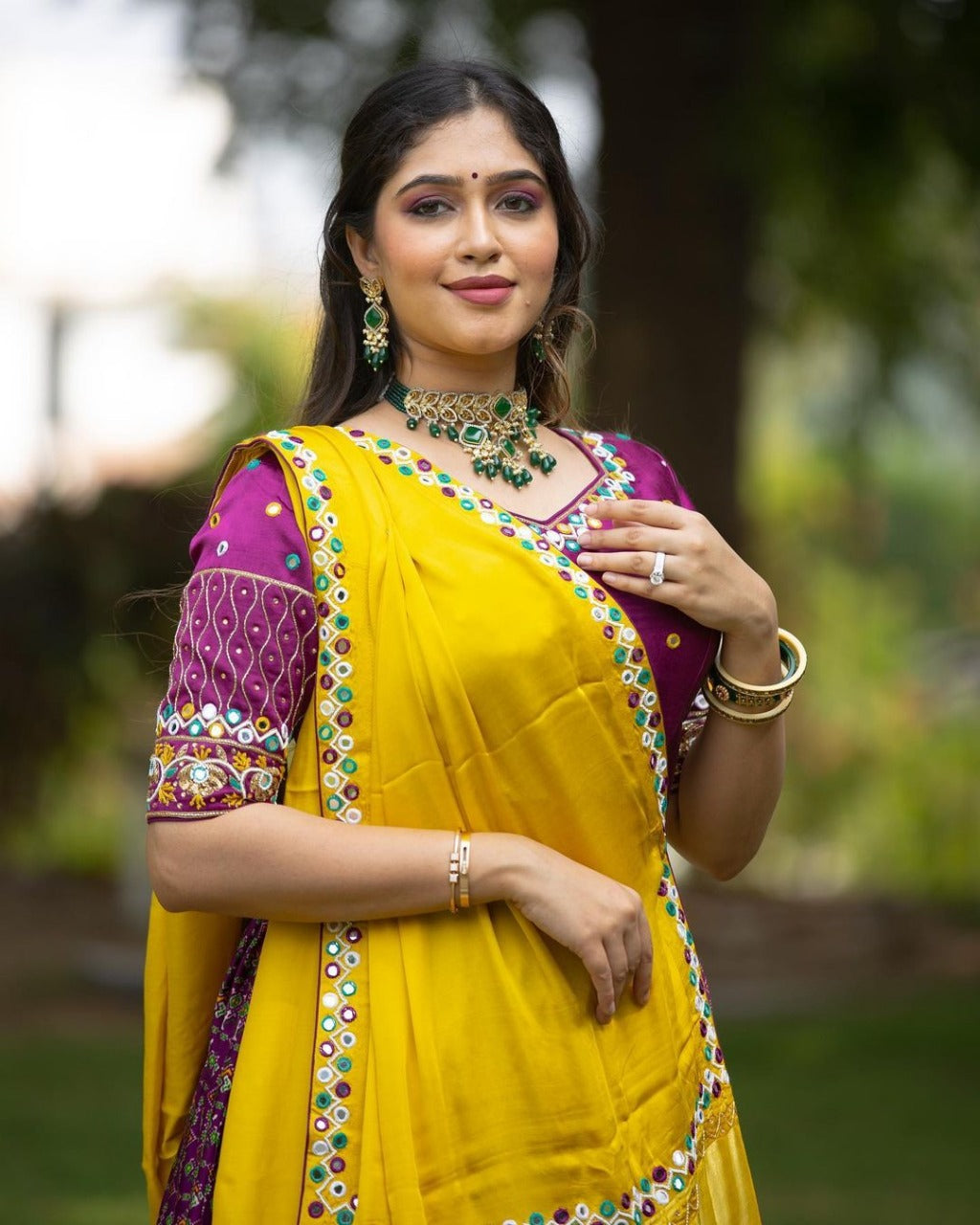 MUSTARD FLORAL & PATOLA PRINT TUSSA SILK LAHENGA CHOLI WITH DUPATTA