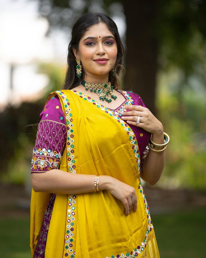 MUSTARD FLORAL & PATOLA PRINT TUSSA SILK LAHENGA CHOLI WITH DUPATTA