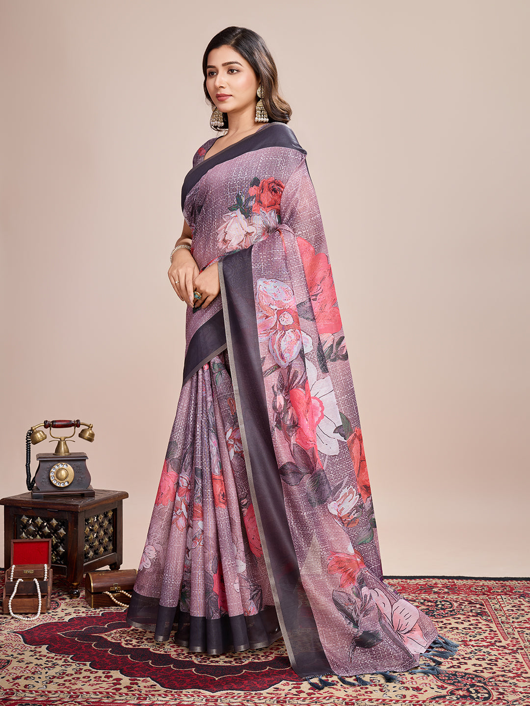SATRANI MULTI LINEN PRINTED SAREE WITH UNSTITCHED BLOUSE