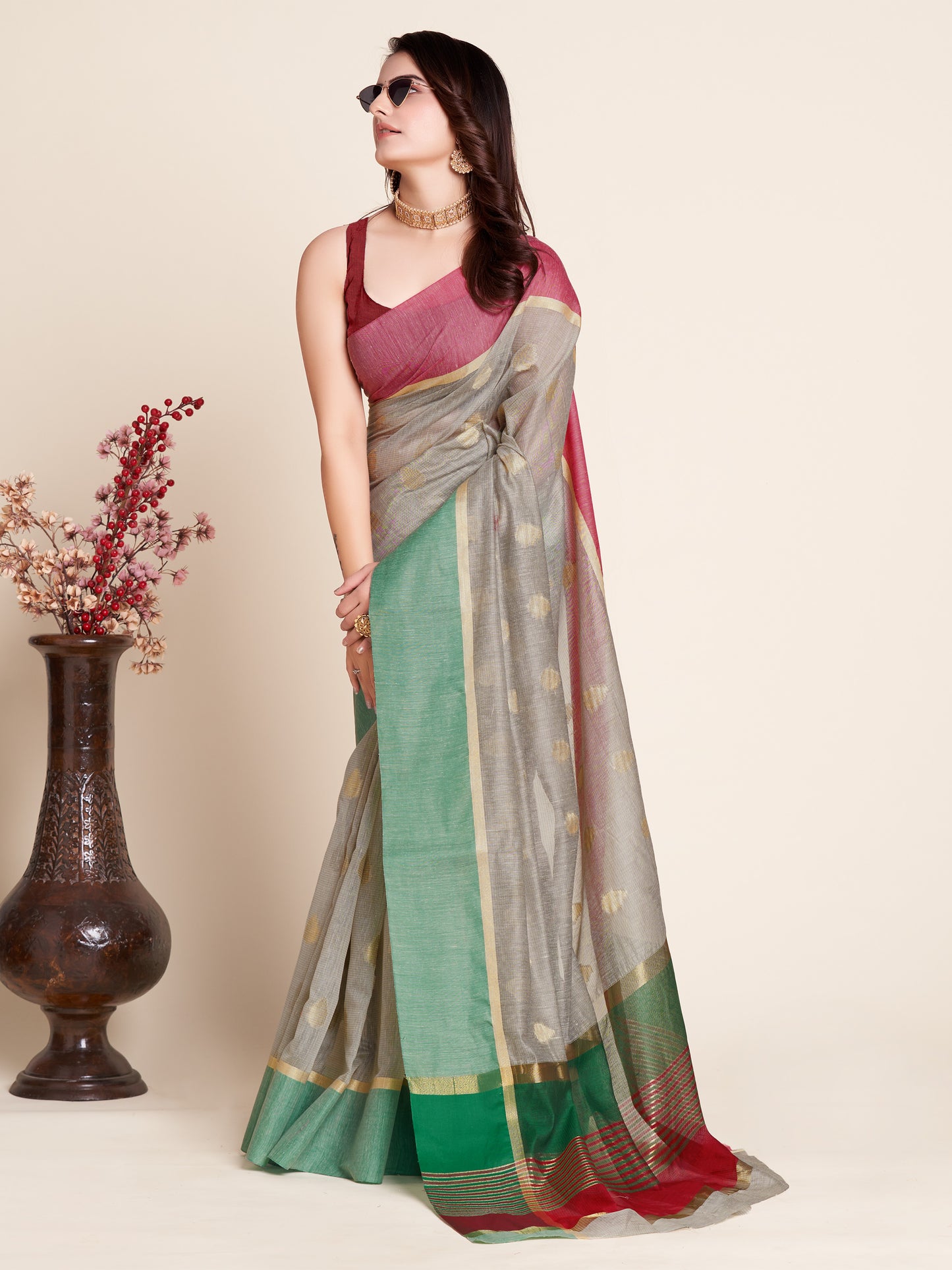 ANJANEYA SAREE AQUA BLUE COTTON WOVEN SAREE WITH UNSTITCHED BLOUSE