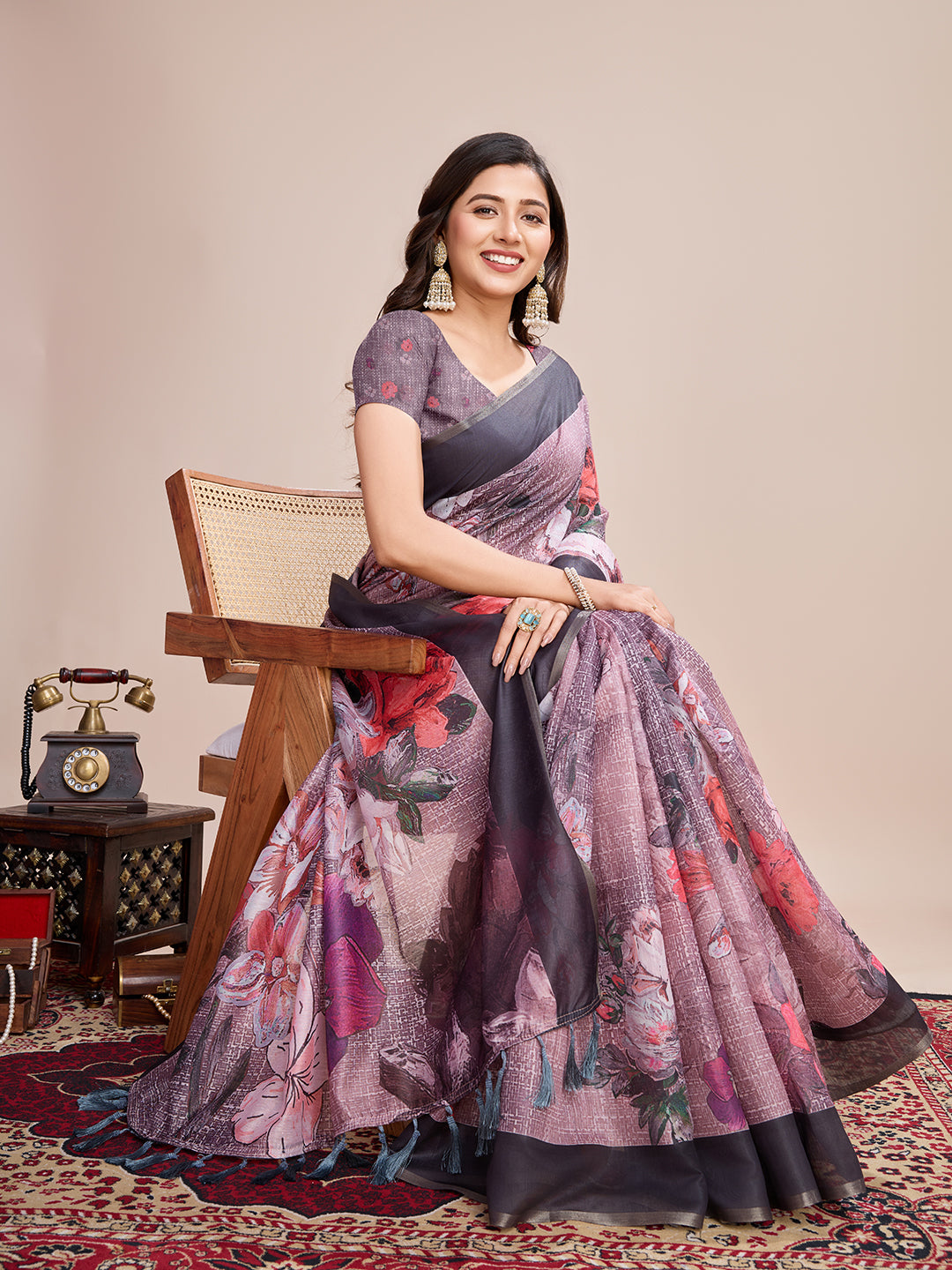 SATRANI MULTI LINEN PRINTED SAREE WITH UNSTITCHED BLOUSE