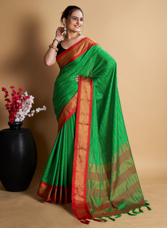PANDADI SAREE WOMEN'S COTTON SILK CHECKERED SAREE WITH BLOUSE PIECE