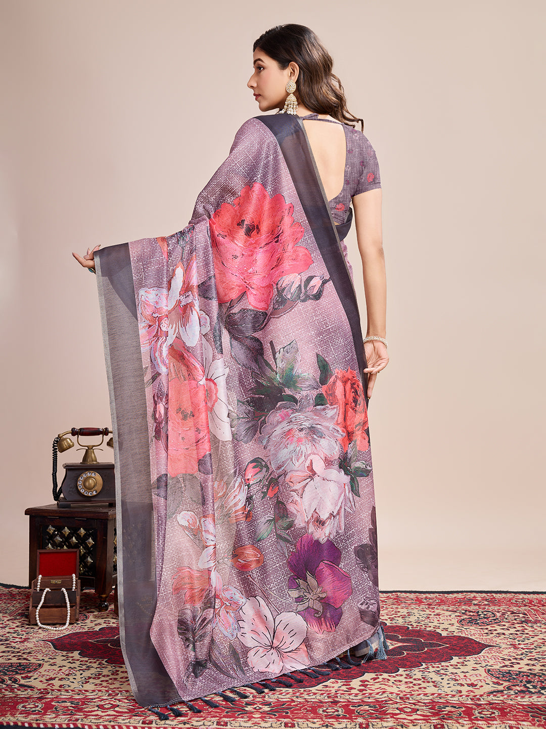 SATRANI MULTI LINEN PRINTED SAREE WITH UNSTITCHED BLOUSE