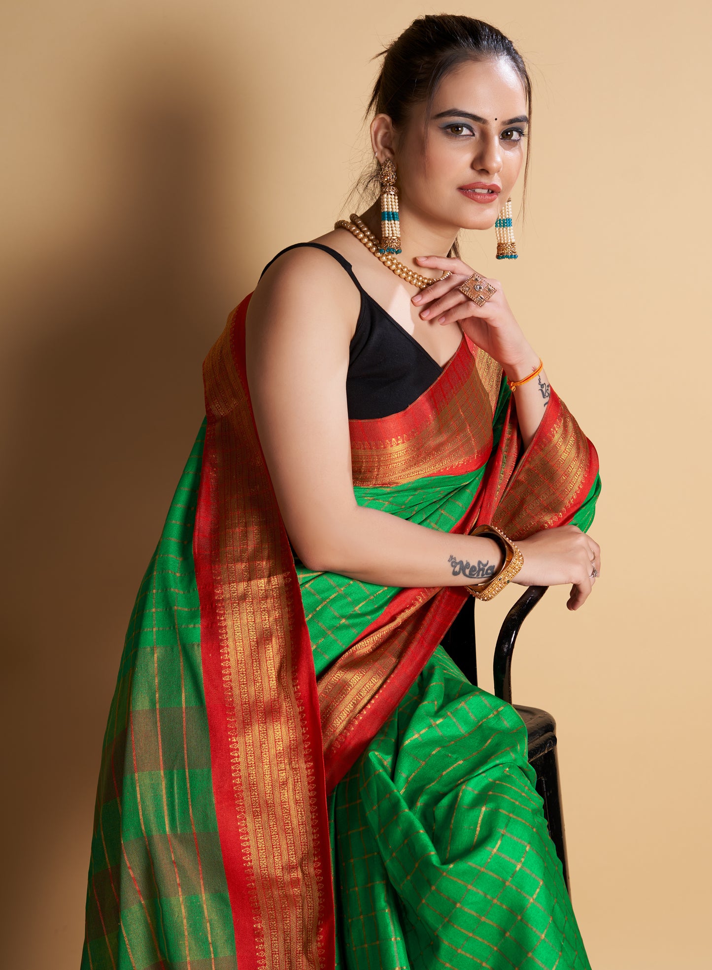 PANDADI SAREE WOMEN'S COTTON SILK CHECKERED SAREE WITH BLOUSE PIECE