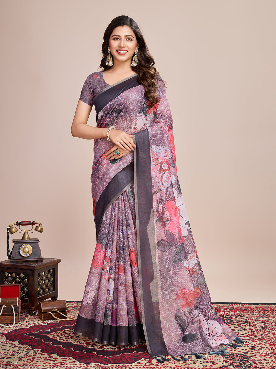 SATRANI MULTI LINEN PRINTED SAREE WITH UNSTITCHED BLOUSE
