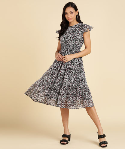 MONOCHROME FLORAL TIERED MIDI DRESS