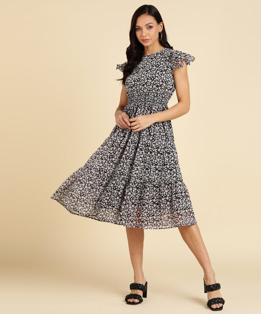 MONOCHROME FLORAL TIERED MIDI DRESS