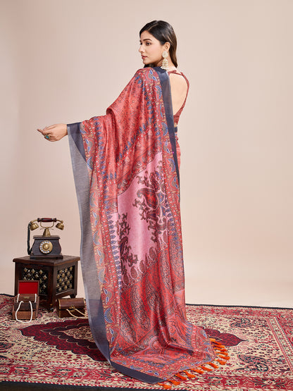 SATRANI MULTI LINEN PRINTED SAREE WITH UNSTITCHED BLOUSE