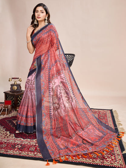 SATRANI MULTI LINEN PRINTED SAREE WITH UNSTITCHED BLOUSE