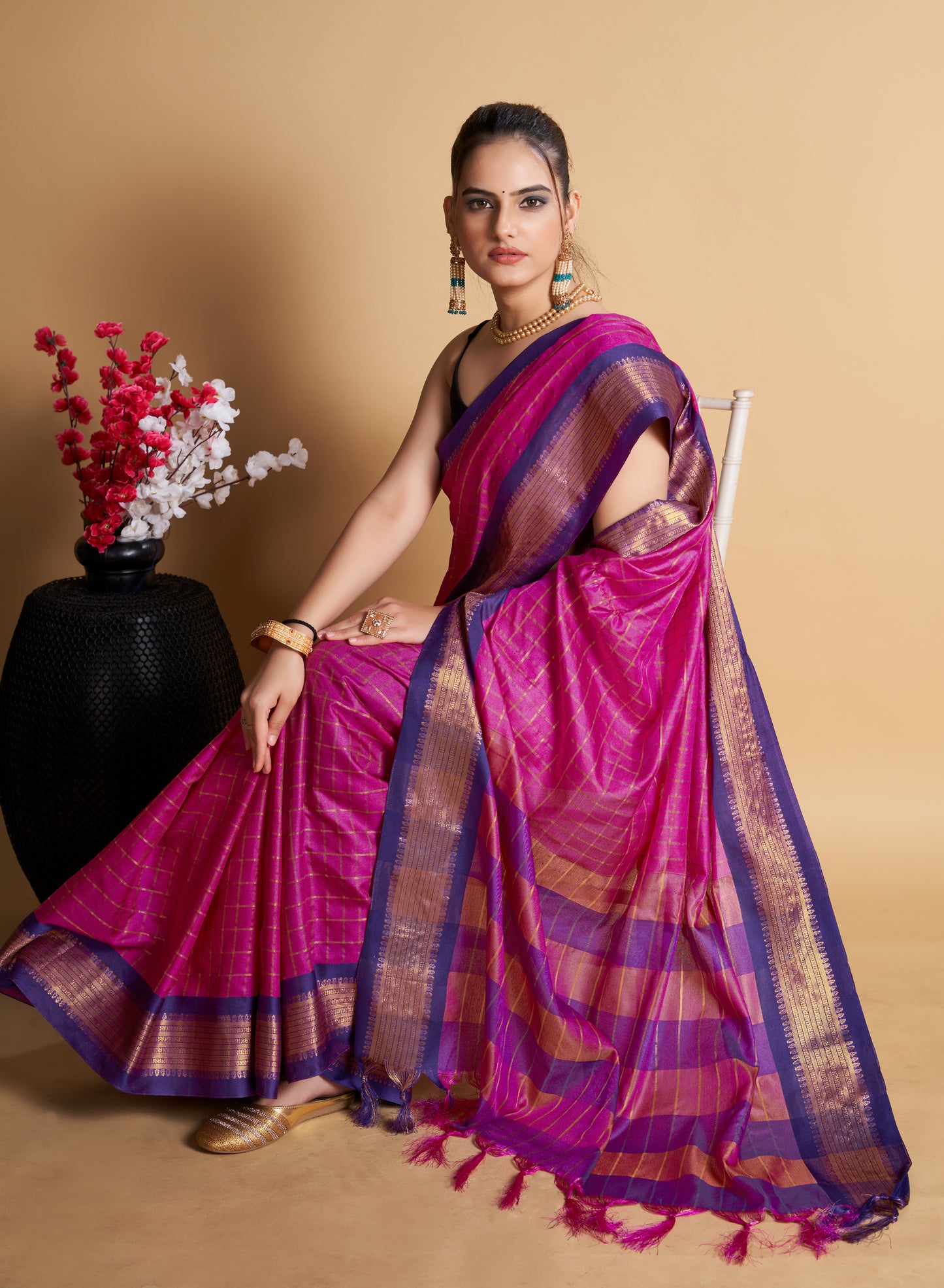 PANDADI SAREE WOMEN'S COTTON SILK CHECKERED SAREE WITH BLOUSE PIECE