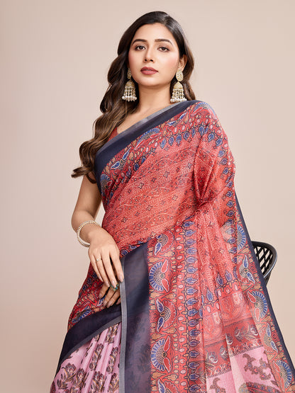 SATRANI MULTI LINEN PRINTED SAREE WITH UNSTITCHED BLOUSE