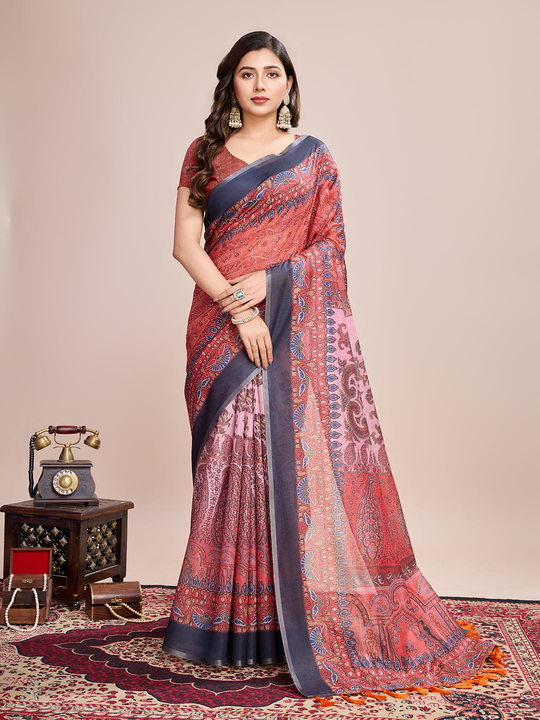 SATRANI MULTI LINEN PRINTED SAREE WITH UNSTITCHED BLOUSE
