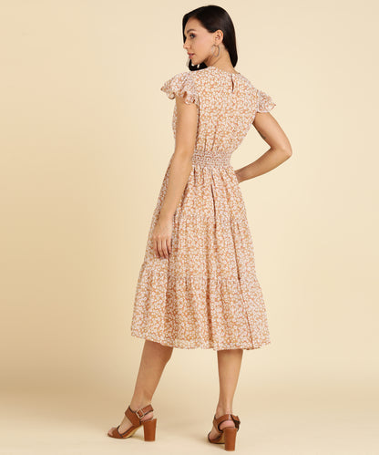 MONOCHROME FLORAL TIERED MIDI DRESS